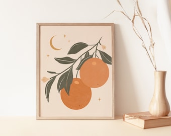 Vintage Clementine Wall Art, Orange Art Print, Citrus Art, Fruit Art Print, Boho Wall Art Decor, Celestial Printable Art, Tangerine Print