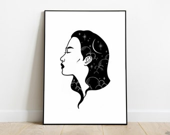 Celestial Woman Line Art, Asian Woman Art Print, Moon Cloud Star, Stars Line Art, Printable Wall Art, Minimalist Home Decor, Girl Space Hair