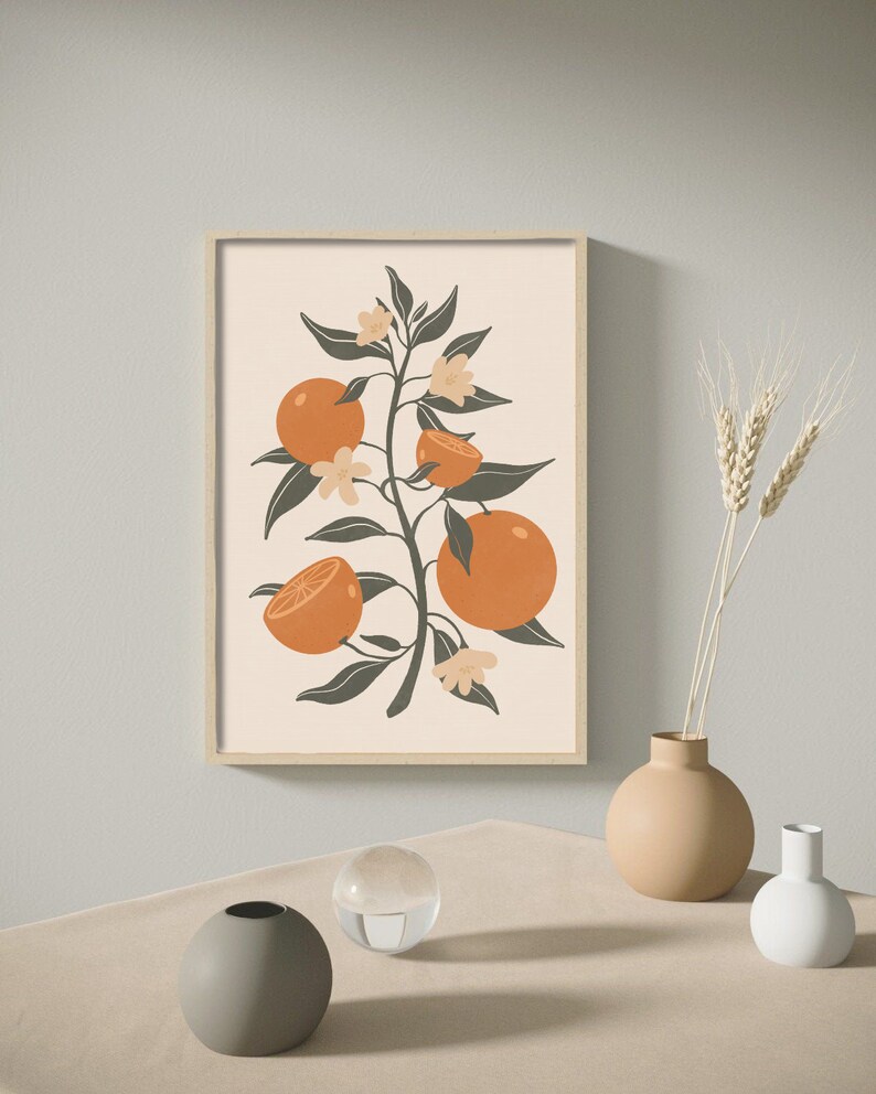 Vintage Clementine Wall Art, Orange Fruit Illustration, Mid Century