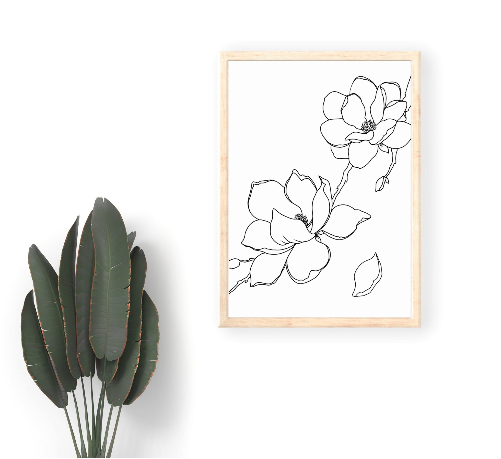 Line Art Wall Decor Magnolia Flower Printable Wall Art Etsy