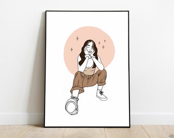 Female Line Art, Modern Line Drawing, Boho Wall Art, Fashion Model Illustration, Printable Celestial Art, Boho Poster, Minimalist Line Art