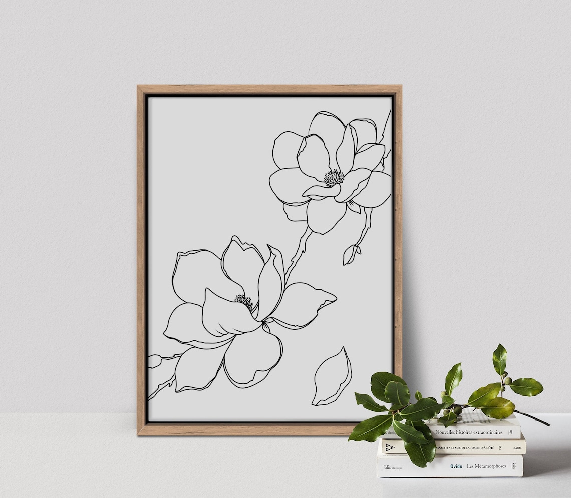Line Art Wall Decor Magnolia Flower Printable Wall Art Etsy
