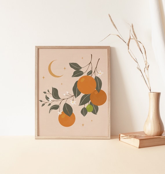 Vintage Clementine Wall Art, Orange Art Print, Citrus Art, Fruit Art Print, Boho Wall Art Decor, Celestial Printable Art, Tangerine Print