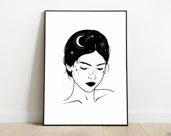 Celestial Line Art Print, Moon and Stars, Space Girl Art, Printable Line Art, Digital Downloadable, Black and White, Pretty Girl Drawing