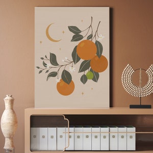 May include: A digital art print featuring a stylized illustration of an orange tree with oranges, leaves, and white flowers. The background is a light beige with a crescent moon and stars.