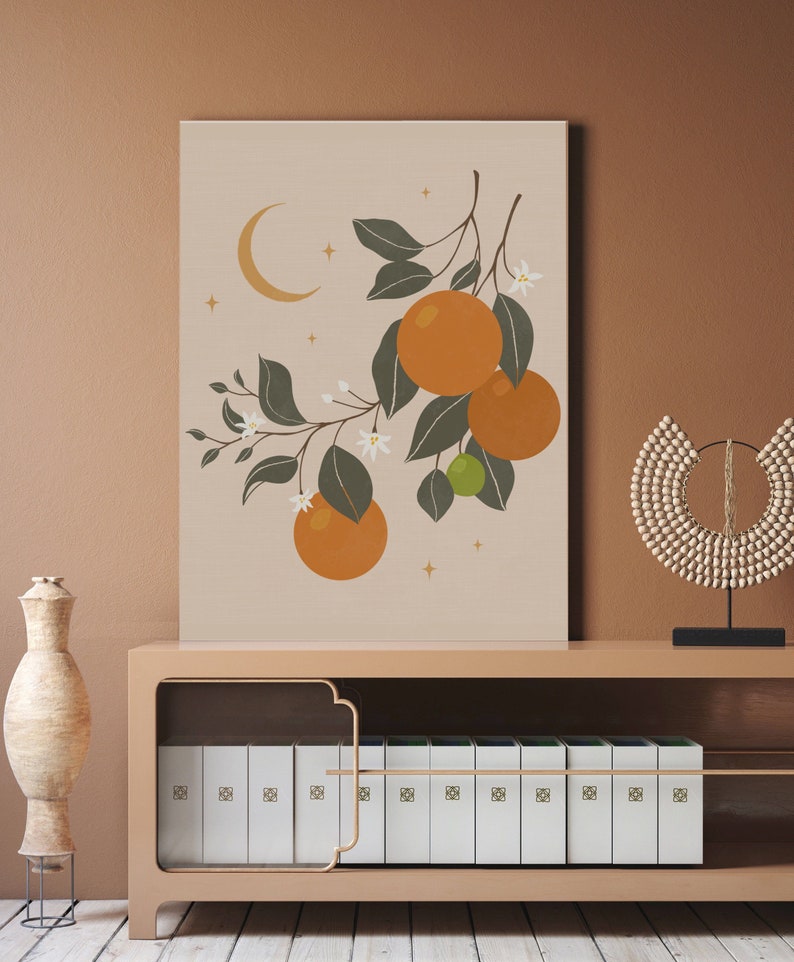 May include: A digital art print featuring a stylized illustration of an orange tree with oranges, leaves, and white flowers. The background is a light beige with a crescent moon and stars.