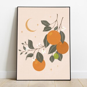 May include: A digital illustration of an orange tree branch with three oranges, white blossoms, and green leaves. The background is a light peach color with a crescent moon and gold stars.