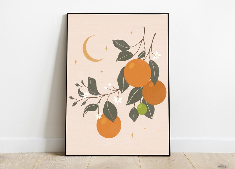 May include: A digital illustration of an orange tree branch with three oranges, white blossoms, and green leaves. The background is a light peach color with a crescent moon and gold stars.