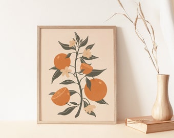 Vintage Clementine Wall Art, Orange Fruit Illustration, Mid Century Modern Art, Boho Art Prints, Digital Download Prints, Printable Wall Art