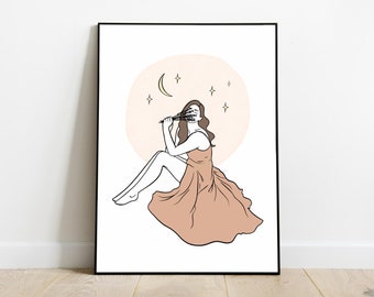 女性の線画、モダンな線画、ボヘミアン ウォール アート、ファッション ドレス アート、印刷可能な天体イラスト、ボヘミアン ポスター、ミニマリスト 線画