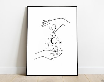 以下が含まれることがあります： 2 つの線が描かれた手、1 つは他の手の真上にあり、その間に三日月と星が描かれています。上の手は三日月と星を下の手に放しています。