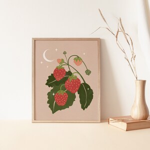 Vintage Strawberry Wall Art, Berry Art, Fruit Art Print, Boho Wall Art Decor, Celestial Printable Art, Strawberry Print, Digital Download