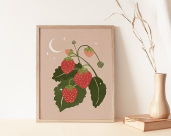 Vintage Strawberry Wall Art, Berry Art, Fruit Art Print, Boho Wall Art Decor, Celestial Printable Art, Strawberry Print, Digital Download