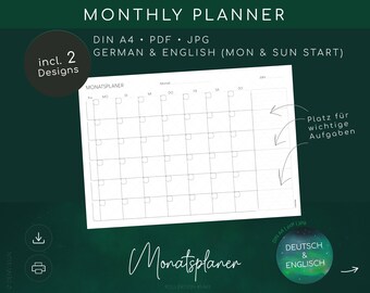 Minimalistischer MONATSPLANER undatiert – Termine & wichtige Aufgaben | Querformat  | digital, printable | monthly planner| Deutsch Englisch