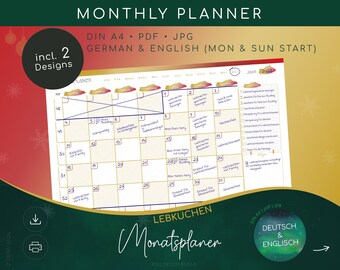 MONATSPLANER undatiert | digital, print | undated monthly planner| DIN A4 pdf jpg Deutsch Englisch | winter, christmas theme: LEBKUCHEN