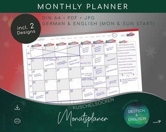 MONATSPLANER undatiert | digital, print | undated monthly planner| DIN A4 pdf jpg Deutsch Englisch | winter, christmas theme: KUSCHELSOCKEN