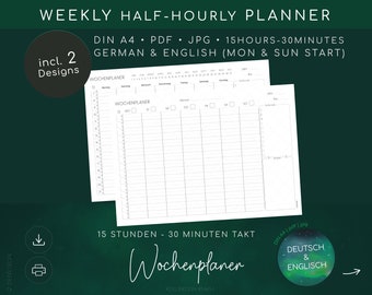 15h 30min Zeitblöcke WOCHENPLANER – schedules, ToDo List, Notes | undated printable planner | weekly hourly planner| Deutsch Englisch