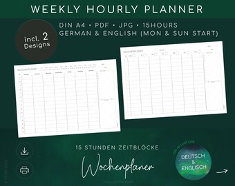 minimalistischer WOCHENPLANER 15h schedules, ToDo List, Notes | undated printable planner | weekly hourly planner| Deutsch Englisch