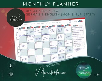 MONATSPLANER undatiert | digital, print | undated monthly planner| DIN A4 pdf jpg Deutsch Englisch | winter, christmas theme: NORDPOL