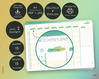 WOCHENPLANER - Termine, Ziele, ToDo List, Notizen | pdf, jpg | german english set | DIN A4 | digital print | weekly hourly planner