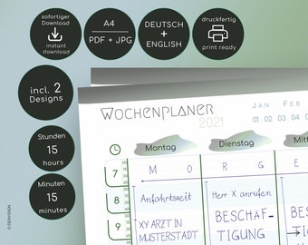 WOCHENPLANER – schedules, ToDo List, Notes | undated printable planner | zum Ausdrucken | weekly hourly planner| Deutsch Englisch