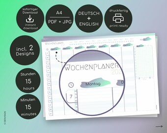 WOCHENPLANER - Schedules, Goals, ToDo List, Notes | pdf, jpg | german english set | DIN A4 | digital print | weekly hourly planner