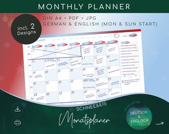 MONATSPLANER undatiert | digital, print | undated monthly planner| Din A4 pdf jpg Deutsch Englisch | winter, christmas theme: SCHNEE&EIS