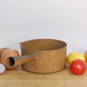 May include: A vintage copper saucepan with a long handle, sitting on a wooden surface with a potato, two onions, a clove of garlic, a lemon, and a tomato.