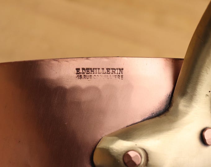 eDheillerin Linear Stamp Copper Pan with new TIn and Brass Handle. 8-1/2" DIA.  1890-1910. 1.7mm Thickness.