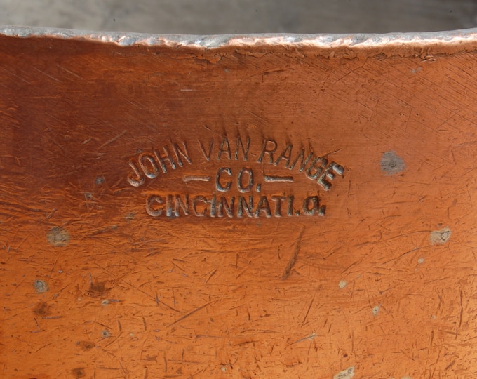 8-1/2" Dovetailed John Van Range Stamped Copper Saucepan. Crica 1800s. 2.2-2.5mm, 5lb. 7oz. As Found. We carry vintage and antique copper.