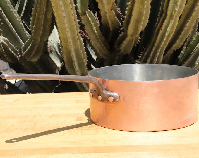 12" Jones Brothers ANtique Copper Saucepan with new tin.  9 pounds 8 ounces. Stamped: Jones Bros.
