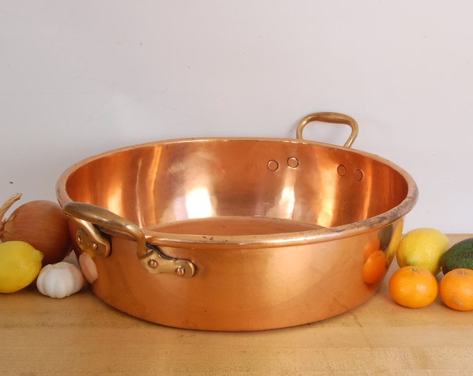 NEW TIN 16-1/2" Initialed Vintage Copper Roasting Pan. 8lb. 8oz. We carry vintage and antique copper cookware.