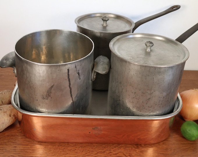 7 PC. SET Benham & Sons Bain-marie Pots w/ Hammered Finish + Bain-marie Tray w/ Insert and Beautifully Engraved Initials. English History!