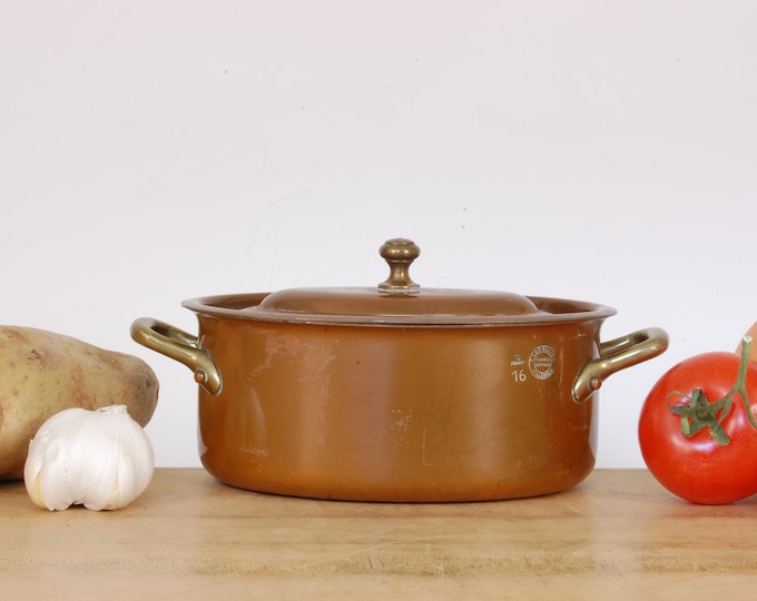 Copper Soup Pot Dutch Oven Brass Handles & Lid Antique WALDOW