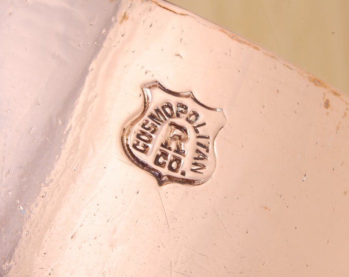 Cosmopolitan R Co. Stamped NEW TIN 10" Vintage Copper Sauce Pan. 1.9mm, 7lb. 14oz. We sell vintage and antique copper cookware.