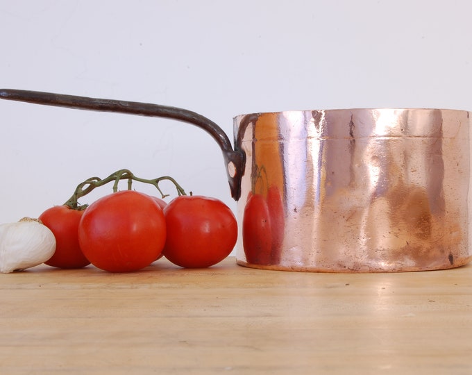 Antique 1800's 8" English Copper Saucepan. Copper Pan. New Tin Lining. Repair work gives this vintage pot extra charm.