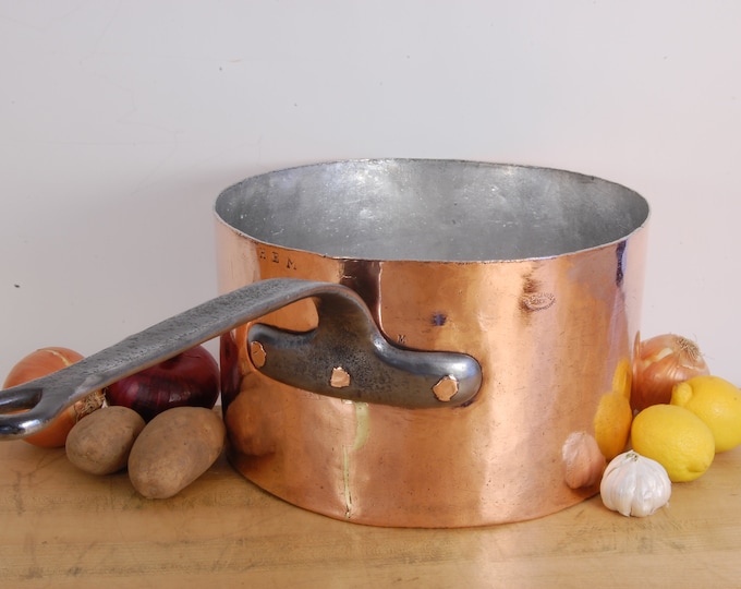 1874-1885, Historic L.F.D.H Saucepan - N.Y. - 24&26 Wooster St. Initialed "HEM", "M". 1.5mm, 11lb. 4oz. 13-1/4" Retinned.