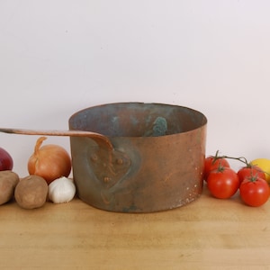 May include: A vintage copper pot with a long handle, surrounded by red onions, yellow onions, garlic, potatoes, red tomatoes, and yellow lemons on a wooden surface.