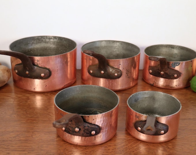 SET of 5 Bellynck Copper Saucepans with Hammered Finish. As Found. Made in France. We specialize in vintage and antique copper cookware!