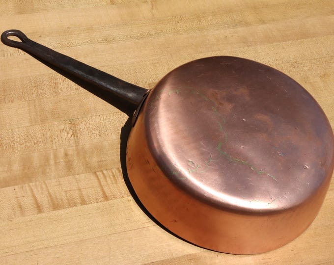 Antique Cramp Seam Copper Pan. Very interesting seam work. Forged Handle. Very old pan.