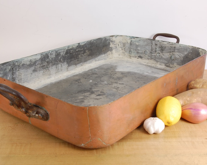20lb. 14oz. Vintage Copper 24-1/2" Roasting Pan. 2.3mm. As Found. We carry vintage and antique copper cookware.