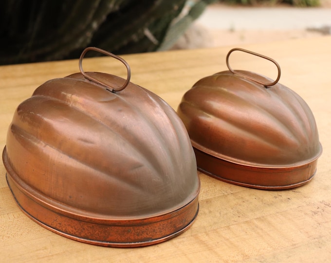 Vintage Pair of Copper Gelatin/Food Molds. As Found. 0.4mm, 12oz. Perfect for holiday cooking! We sell vintage & antique copper cookware!