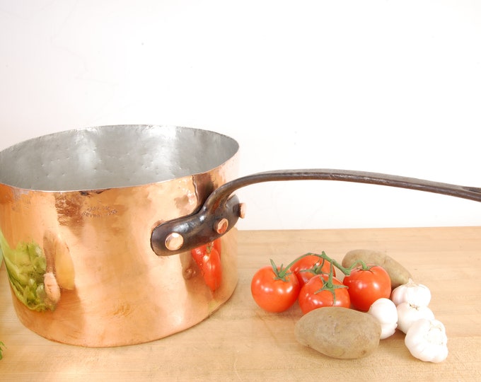 Manhattan SQ Hotel Stamped 13" Saucepan with Hammered Finish. NEW TIN Dovetailed.  2.1mm, 11lb. 12oz. New York. Multi-stamped.