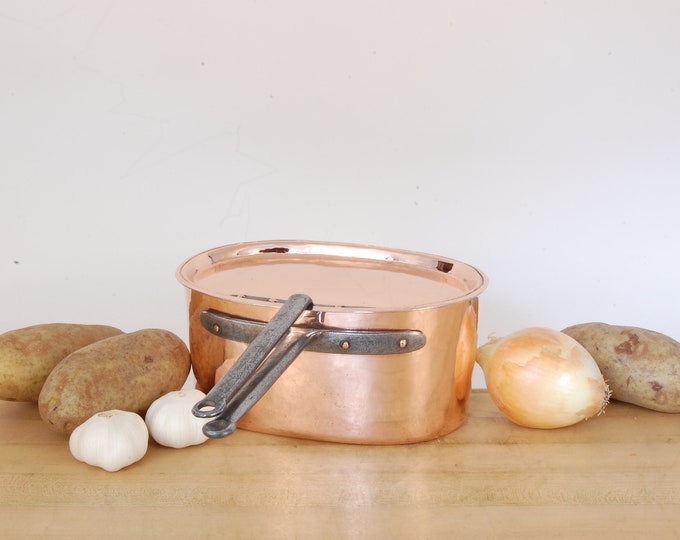 NEW TIN 8-1/2" Vintage Copper Pan with Lid. 1.0-1.2mm, 2lb. 10oz. We sell vintage and antique copper cookware.
