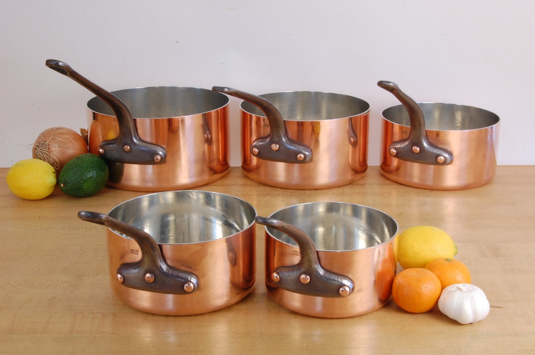 SET OF 5 Vintage French Copper Saucepans New Tin Made in France. We
