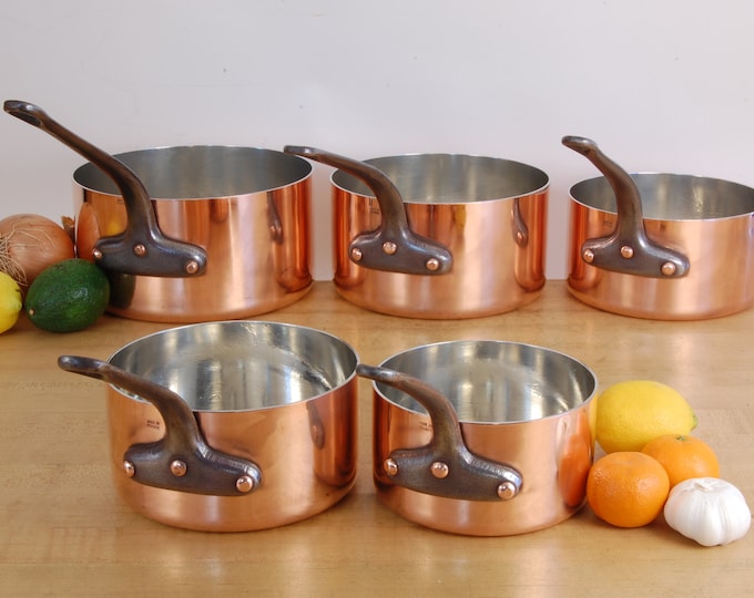 SET OF 5 Vintage French Copper Saucepans - New Tin! Made in France. We carry vintage and antique copper cookware.