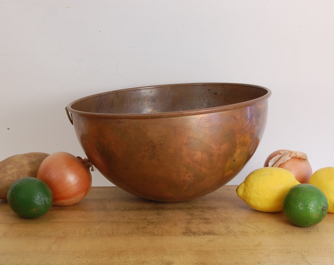 10-1/2" Vintage Copper Mixing Bowl with Hanging Ring. As Found. 0.5mm, 1lb. 6oz. We carry vintage and antique copper cookware.