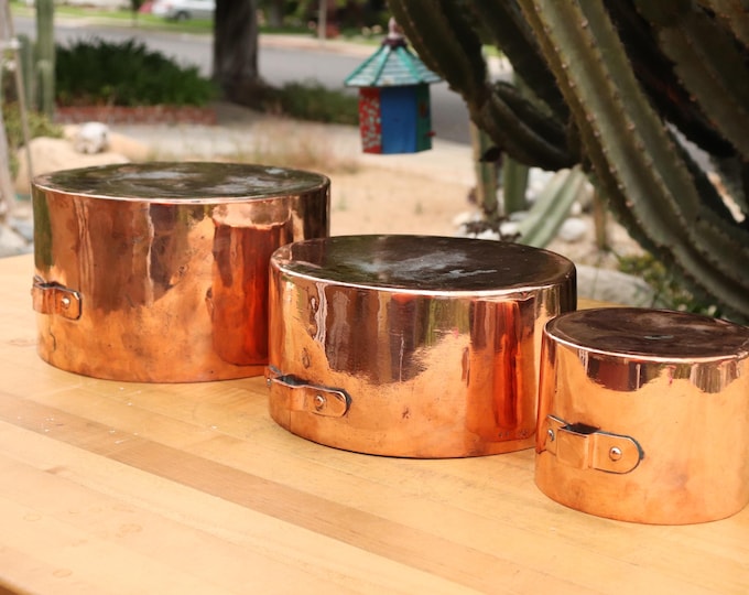 SET of 3 NEW TIN Stock/Stew Pots. Ready to use in your kitchen! We specialize in vintage and antique copper cookware.