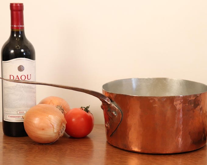 NEW TIN Antique 9" Copper Saucepan with Cramp Seam. Copper Handle + Hammered Finish. 1.8mm, 4lb. 9oz.
