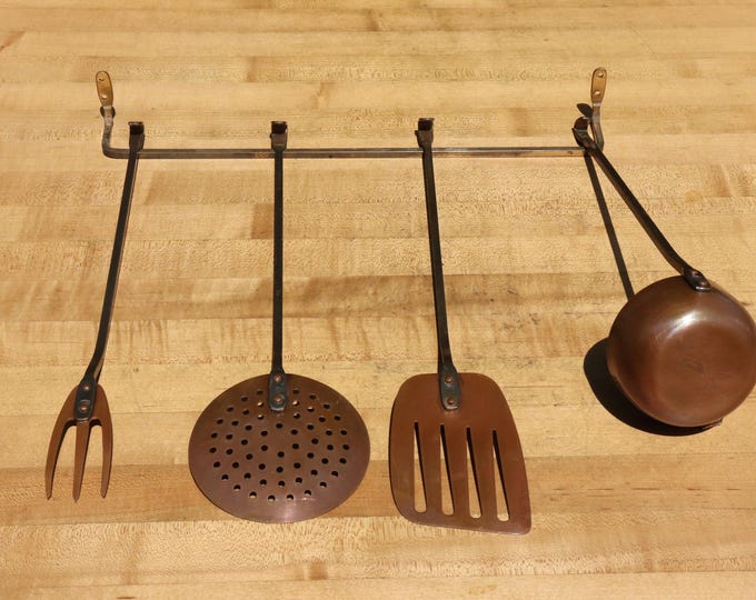Vintage Copper Utensil Set. Fork, Skimmer, Spatula & Ladle. Includes wall hanger. Nice Set.